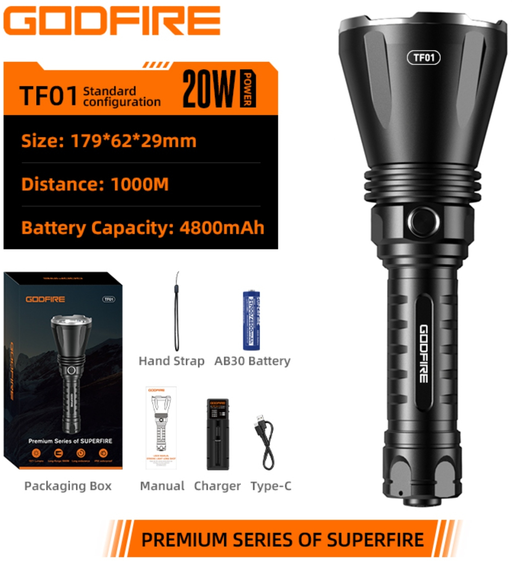lanterna tactica led godfire tf01, 1000m, 1371lm, aliaj aluminiu, 4800mah, 245g, 5 moduri - imagine 15